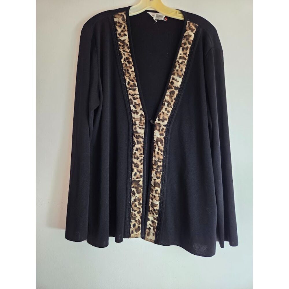 Exclusively Misook Vtg Black w/Brown Leopard Trim Mixed Media Cardigan size 1X